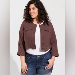Torrid Brown Double Gauze Cropped Collarless Jacket Plus Size 2x